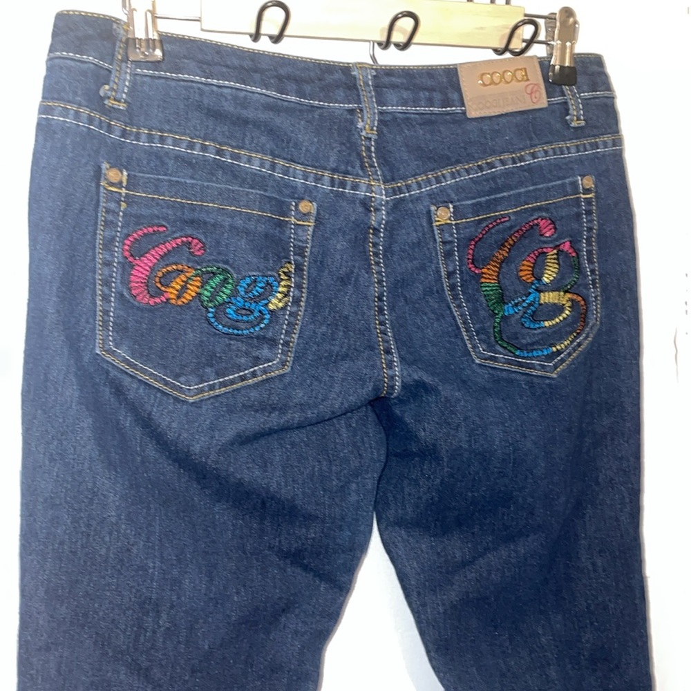 COOGI dark denim jeans cropped pants with embroidered pockets